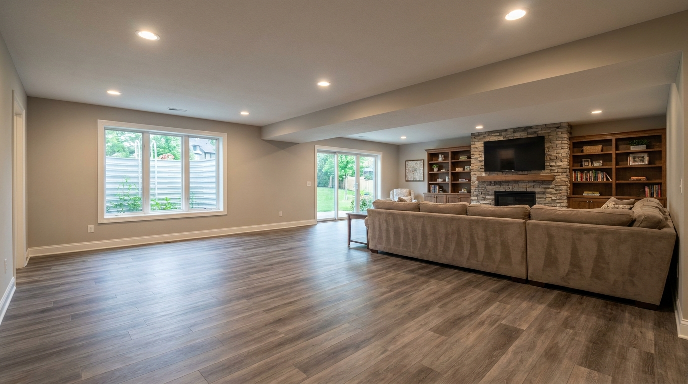 Modern LVP flooring installed in a clean, bright basement in Metro Detroit