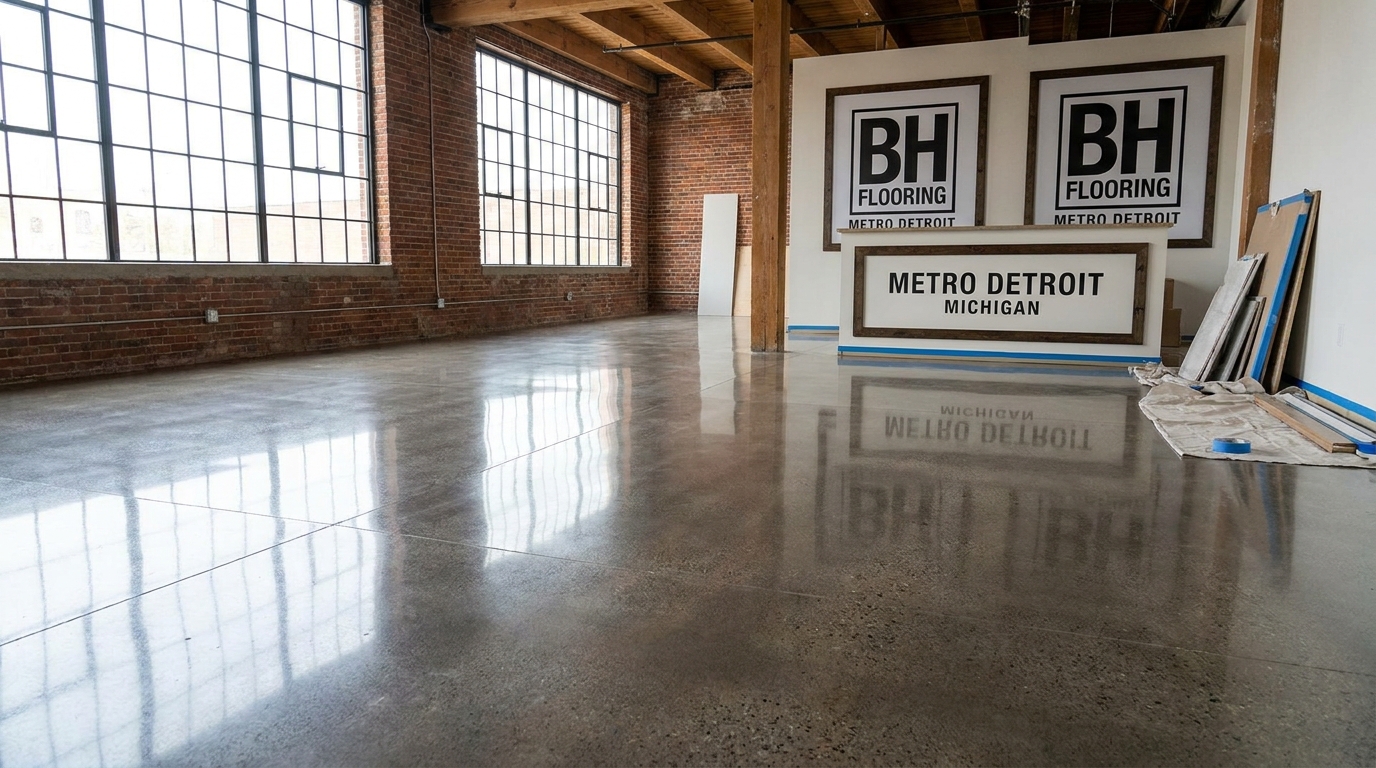 Modern, durable commercial flooring installed in a busy office space in Detroit