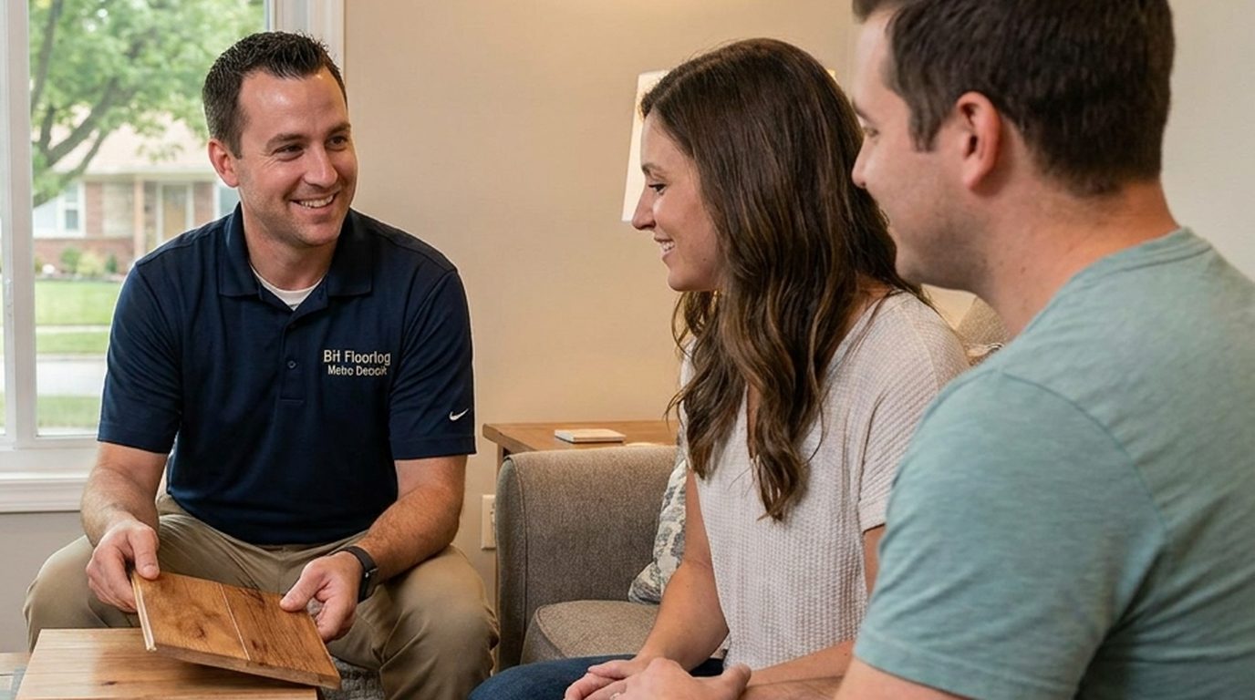 A BH Flooring Metro Detroit crew lead showing a wood flooring sample to two homeowners in their living room