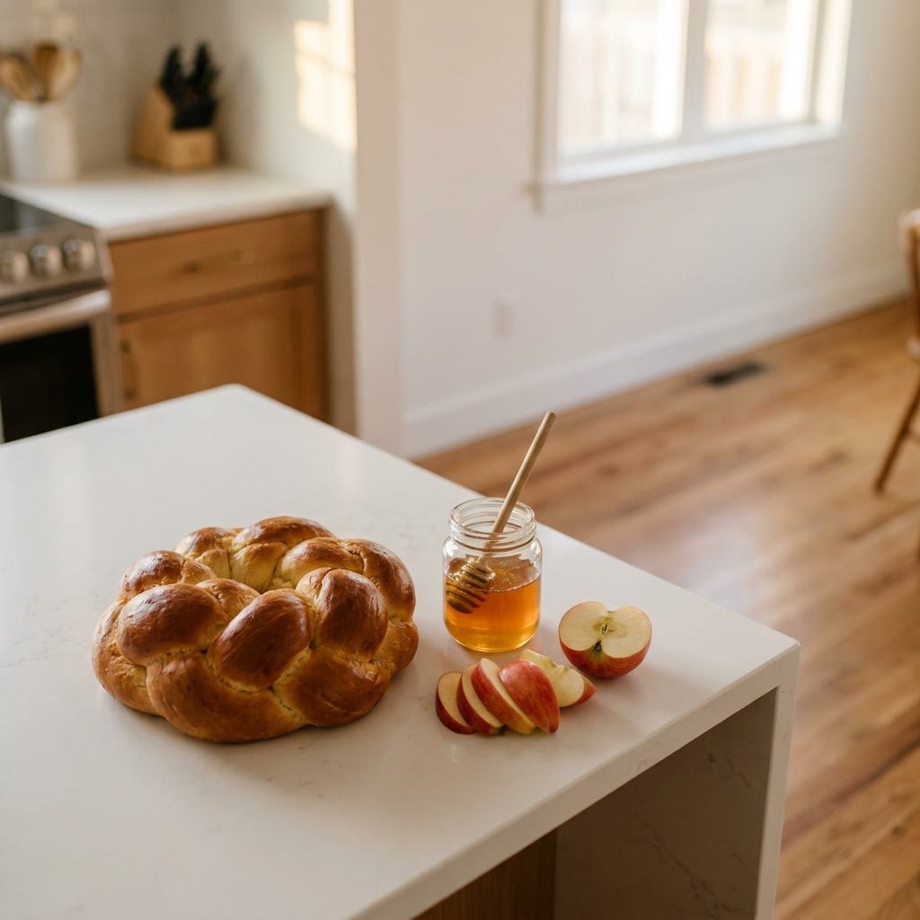 Round braided challah, a jar of honey and sliced apples on a white quartz kitchen island, with an oak hardwood floor behind