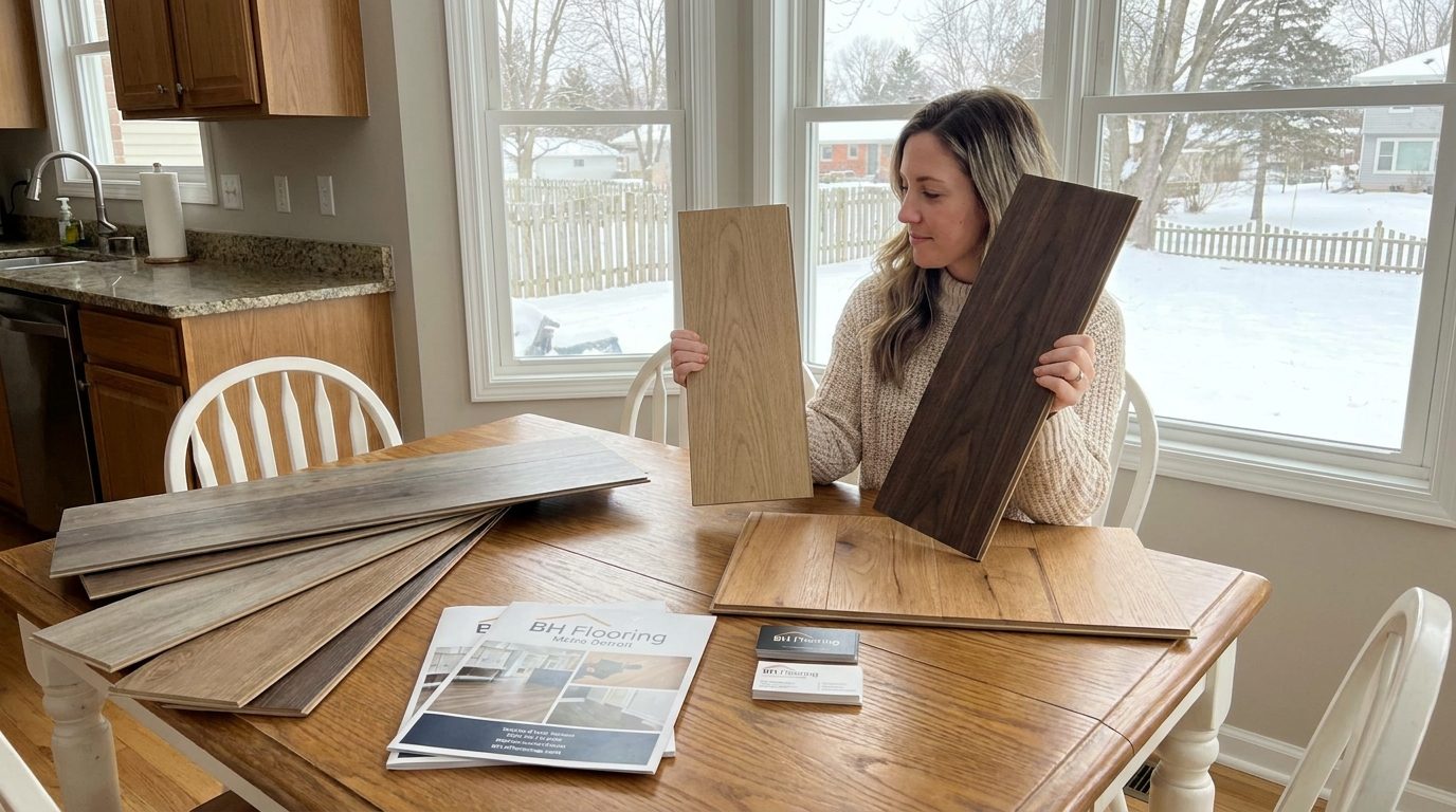 Homeowner holding a light and a dark wood flooring sample at a kitchen table, with snow on the ground outside the window