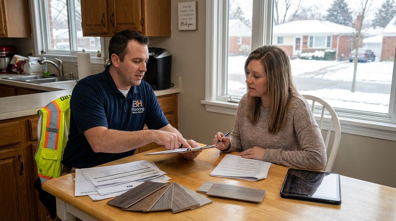 Homeowner reviewing a detailed written contract with a flooring contractor
