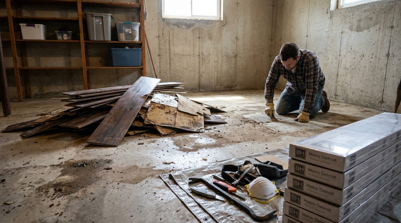 A worker kneeling on a basement floor beside a pile of water-damaged flooring that has been pulled up, with boxes of new vinyl plank flooring stacked nearby
