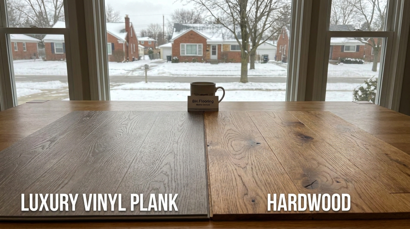 Side-by-side comparison of LVP and real hardwood flooring samples