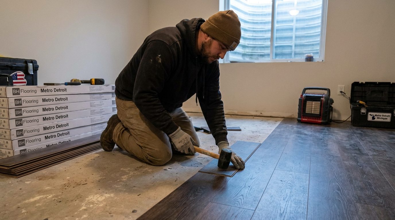 A flooring installer laying dark vinyl plank flooring over a bare concrete basement slab in Metro Detroit
