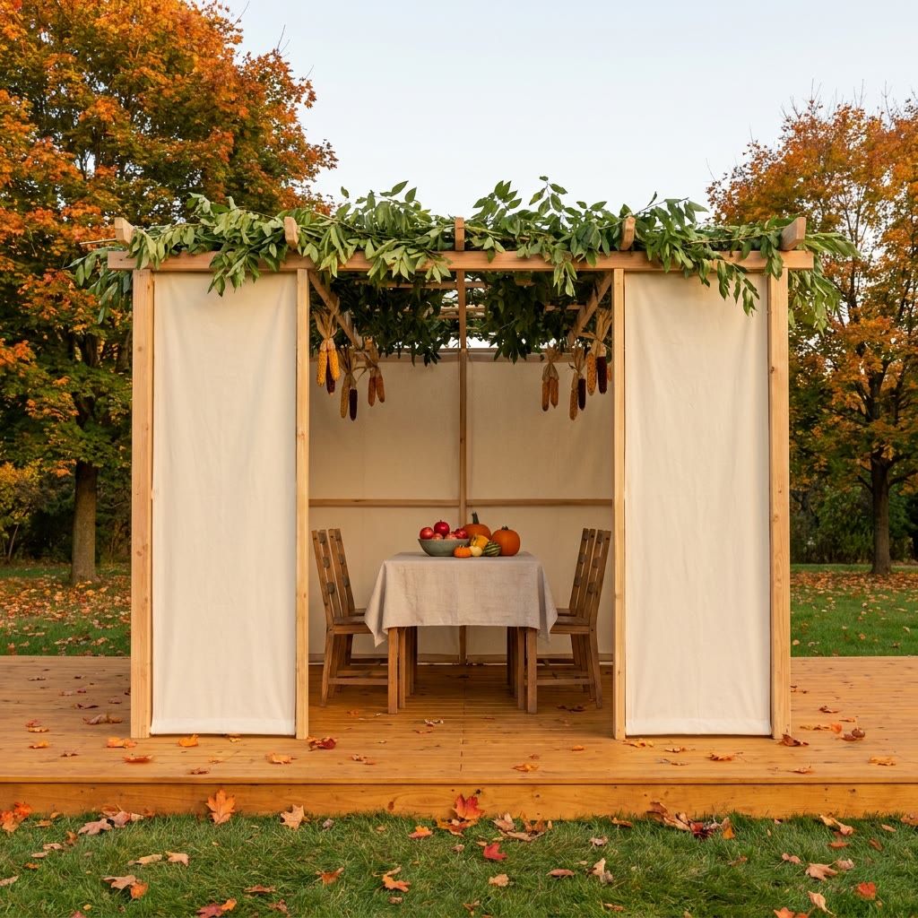 A simple wooden sukkah with a roof of green leafy branches on a backyard deck in autumn, with a set table, pumpkins and fallen maple leaves