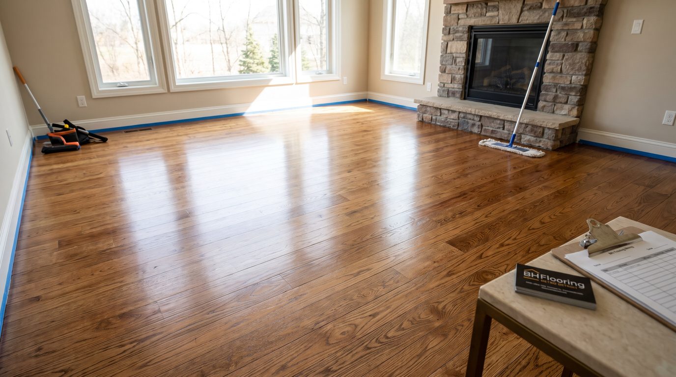 A freshly finished hardwood living room floor with painter’s tape still on the baseboards and the finish applicator leaning by the fireplace