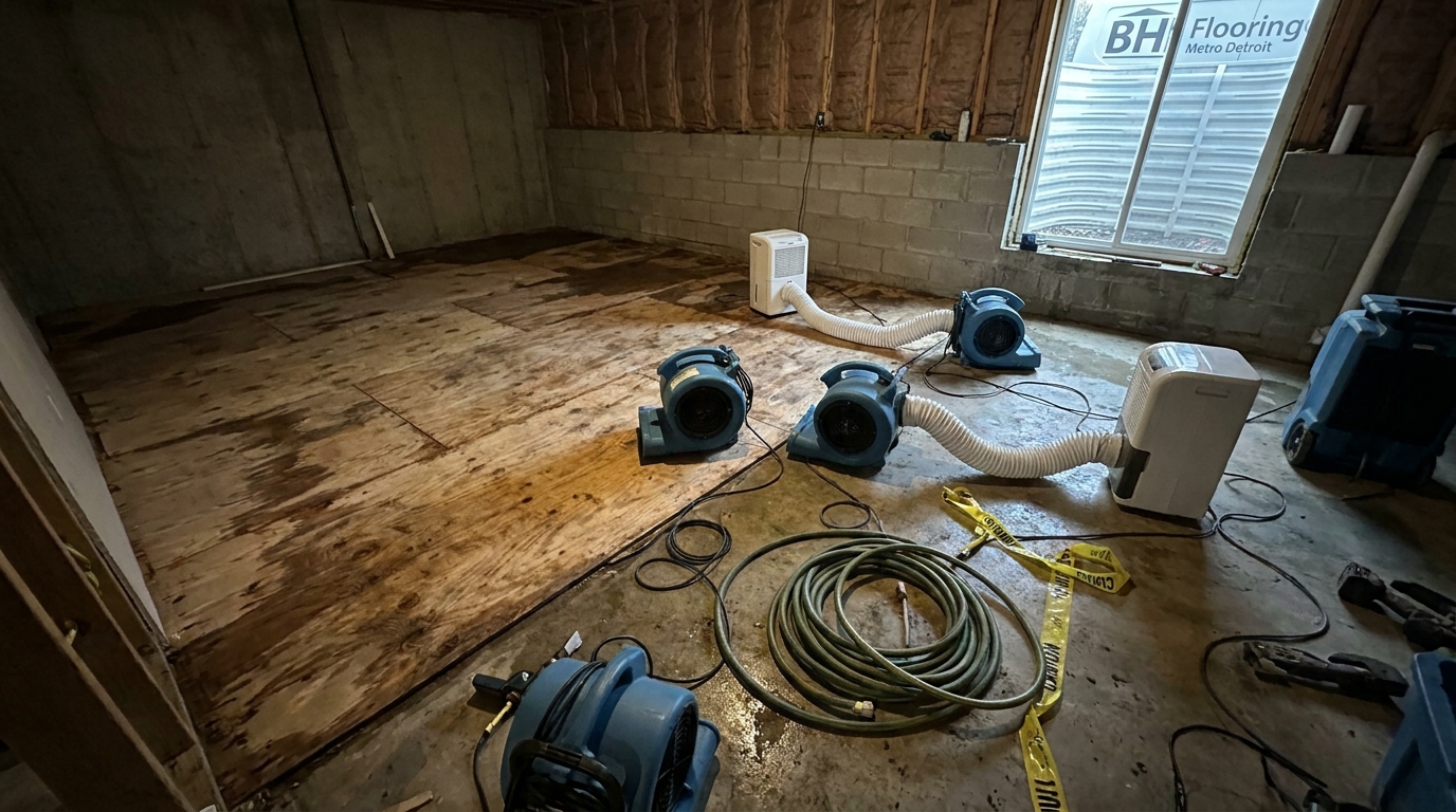 Damaged hardwood floor showing water stains and buckling after a flood