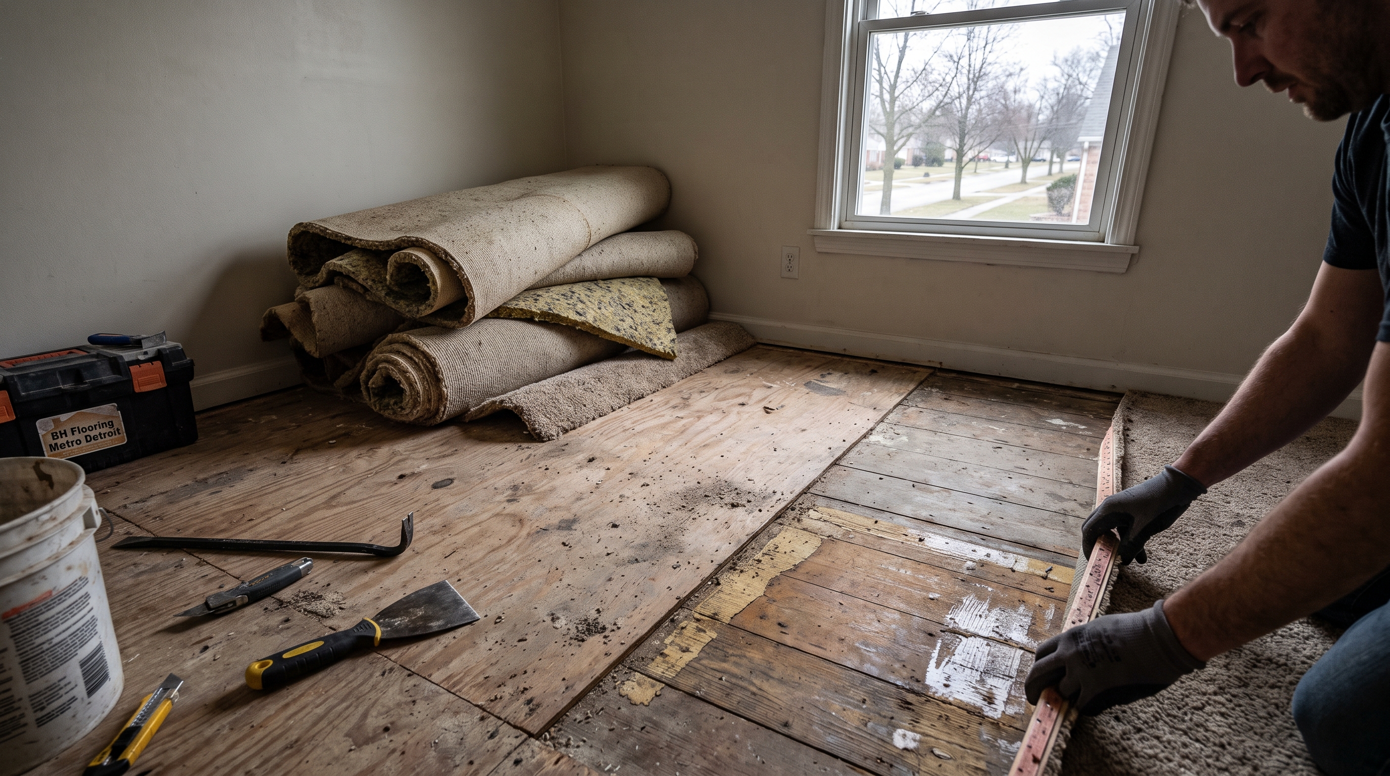Old carpet removal before new install — BH Flooring Metro Detroit, Metro Detroit, MI