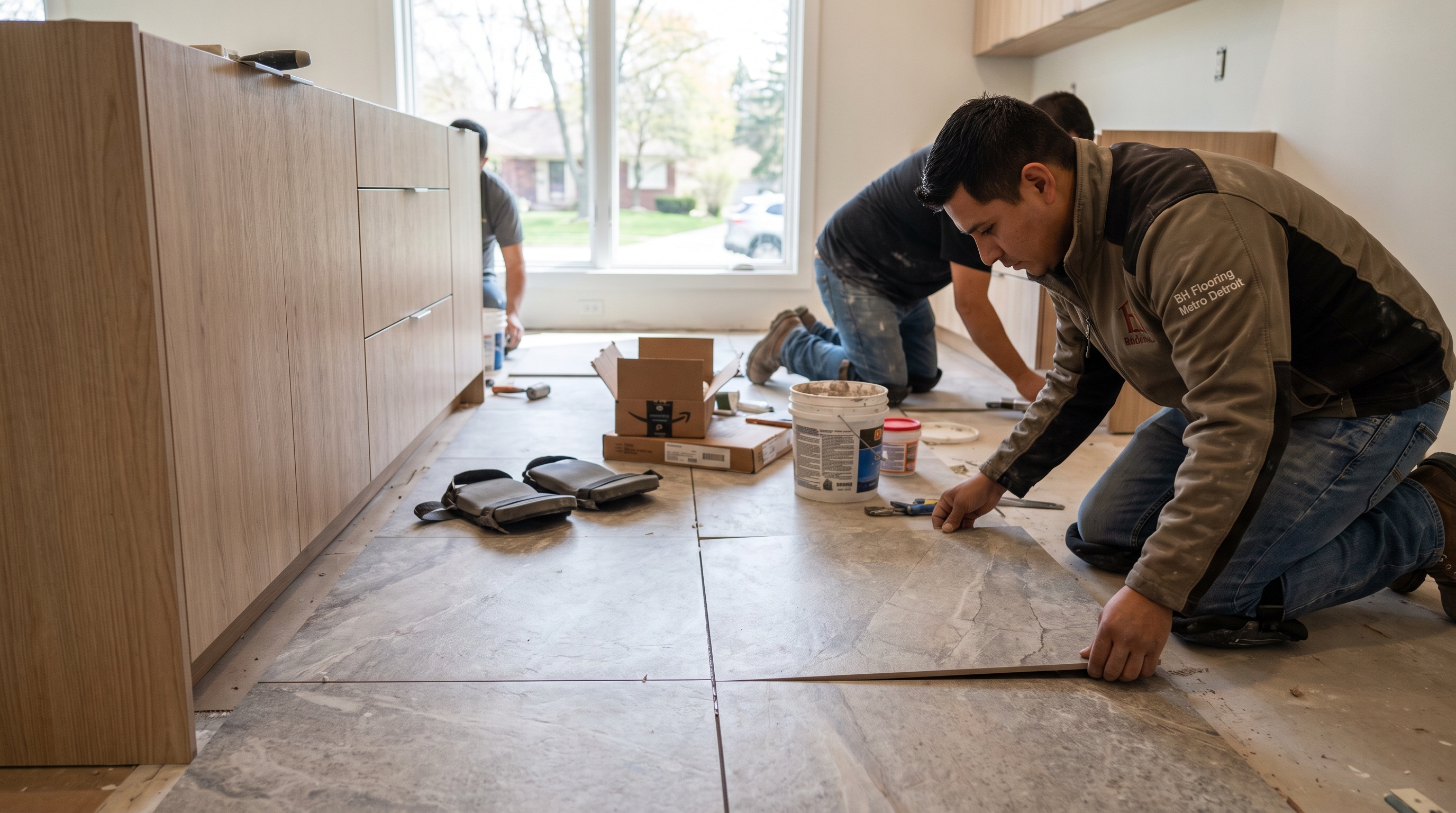 Kitchen porcelain tile floor installation — BH Flooring Metro Detroit, Metro Detroit, MI
