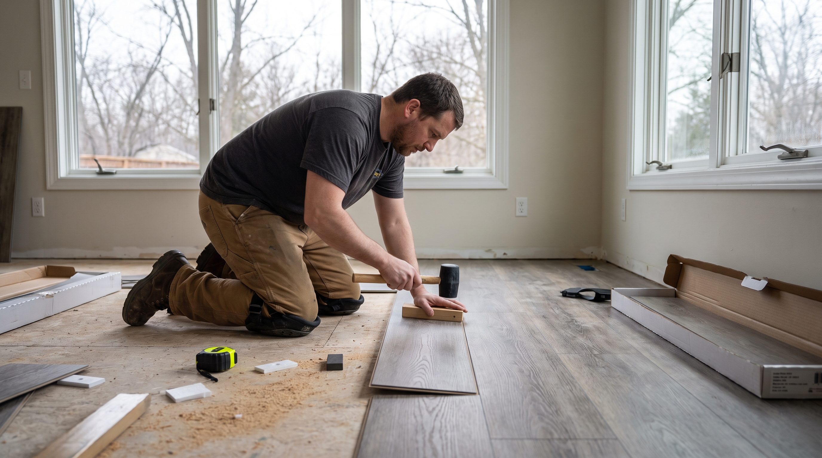 Installer clicking LVP plank into place — BH Flooring Metro Detroit, Metro Detroit, MI