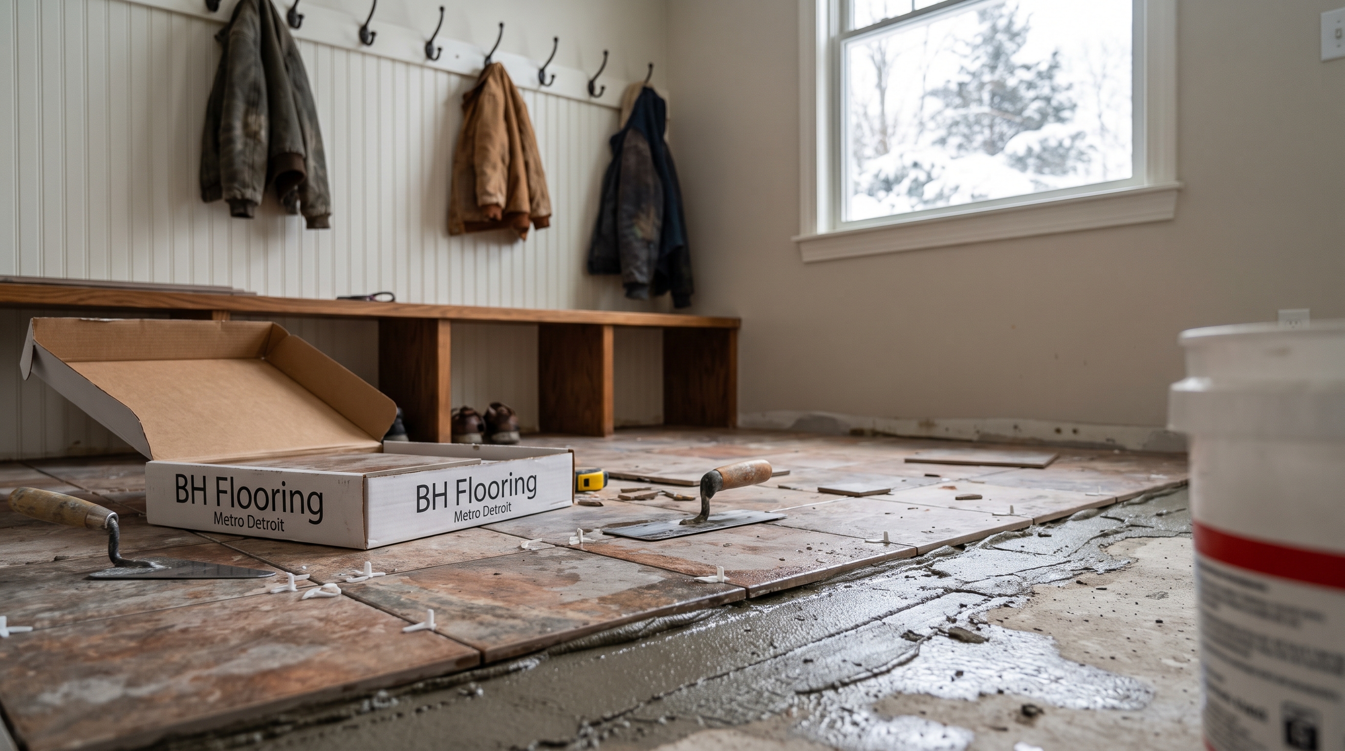 Mudroom entry porcelain tile floor — BH Flooring Metro Detroit, Metro Detroit, MI