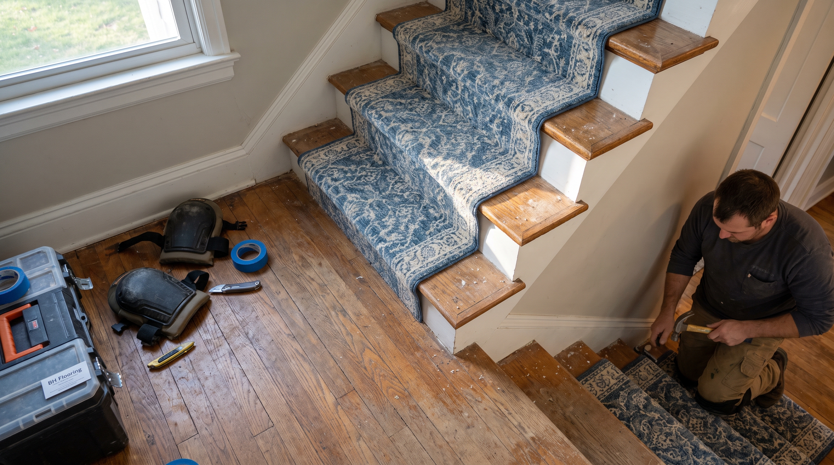 Staircase carpet runner installation — BH Flooring Metro Detroit, Metro Detroit, MI